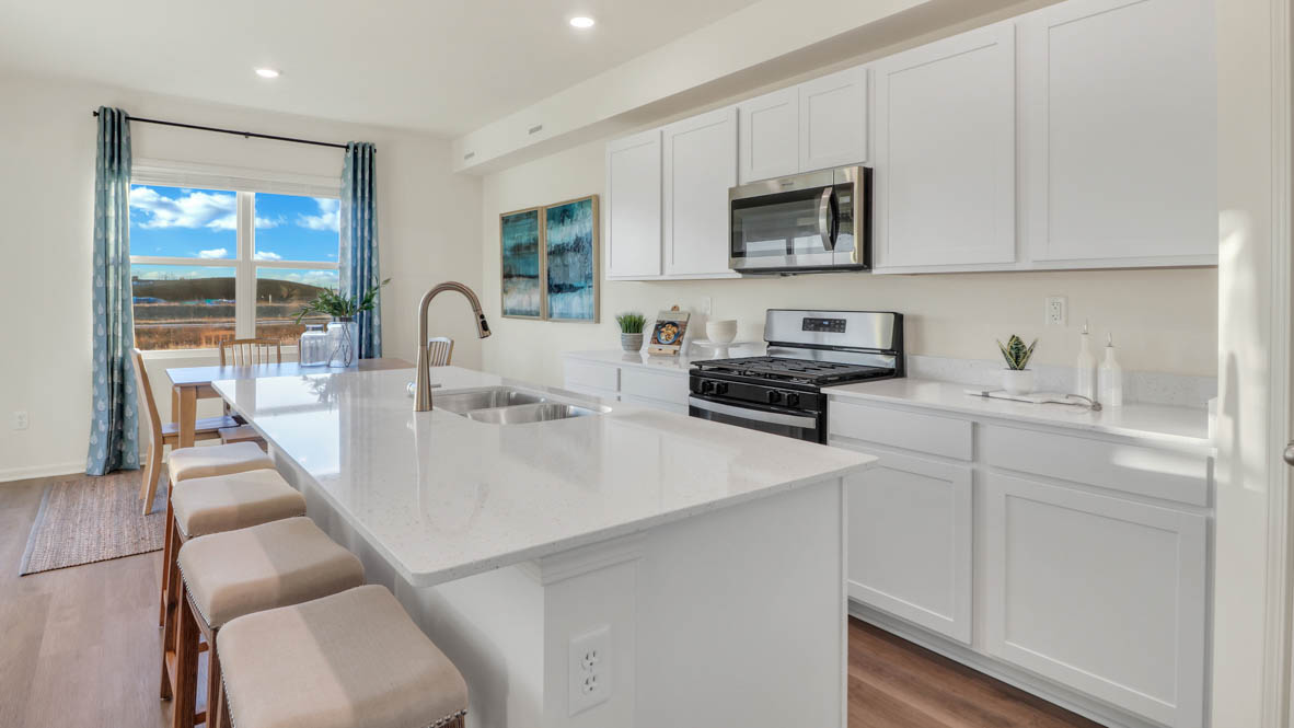 Kitchen with white cabinets and white quartz coutnertops