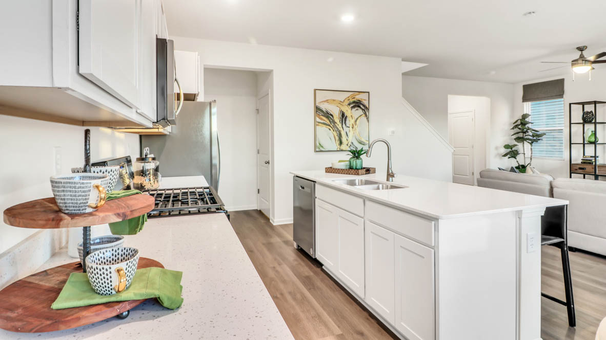 kitchen island overlooking the living room space