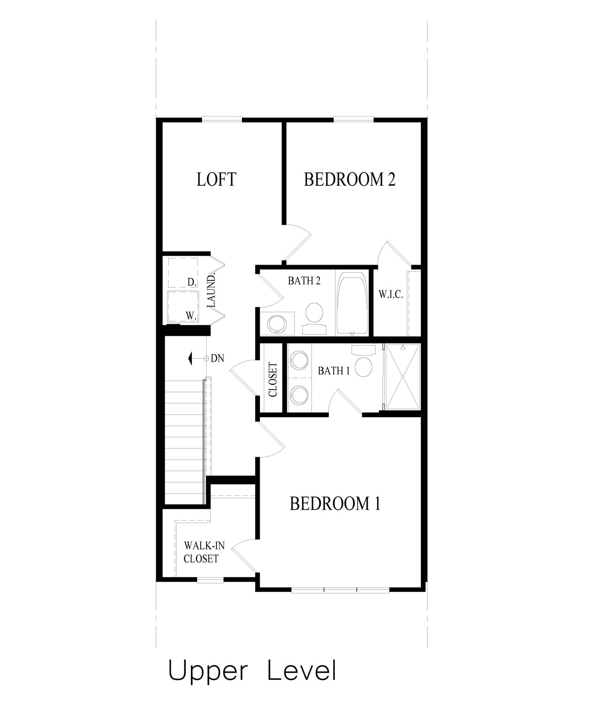 monroe upper level floorplan with primary bedroom, secondary bedroom, loft and two full bathrooms