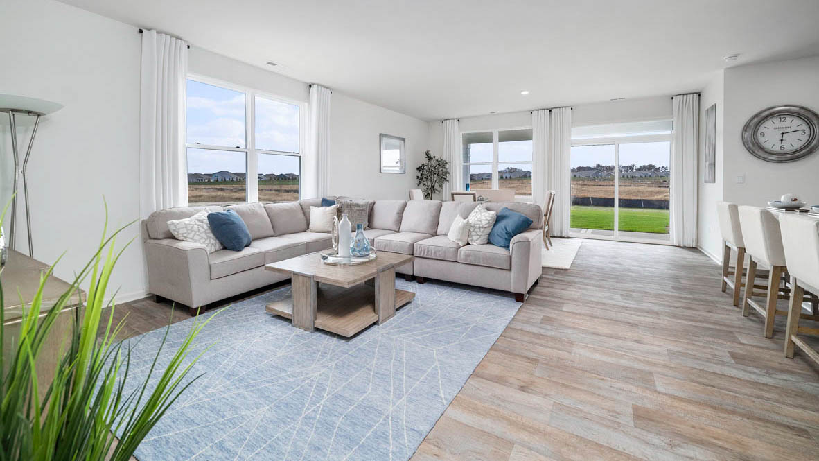 Open concept great room, dining room and kitchen