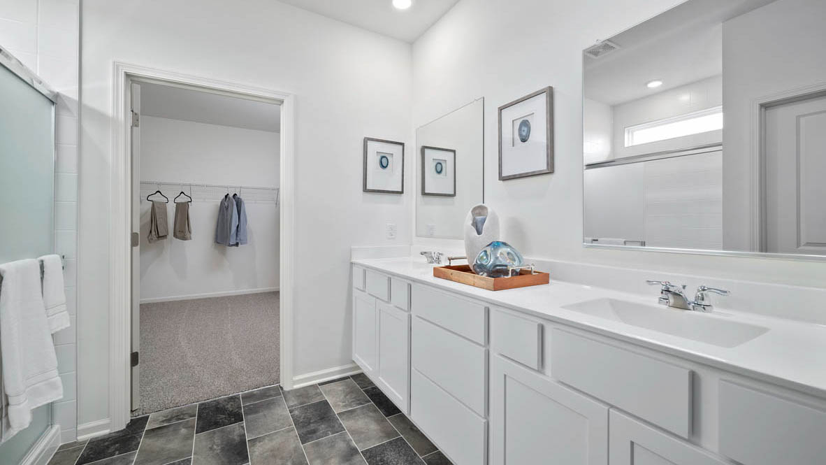 Primary bathroom with walk in closet and dual vanity sinks