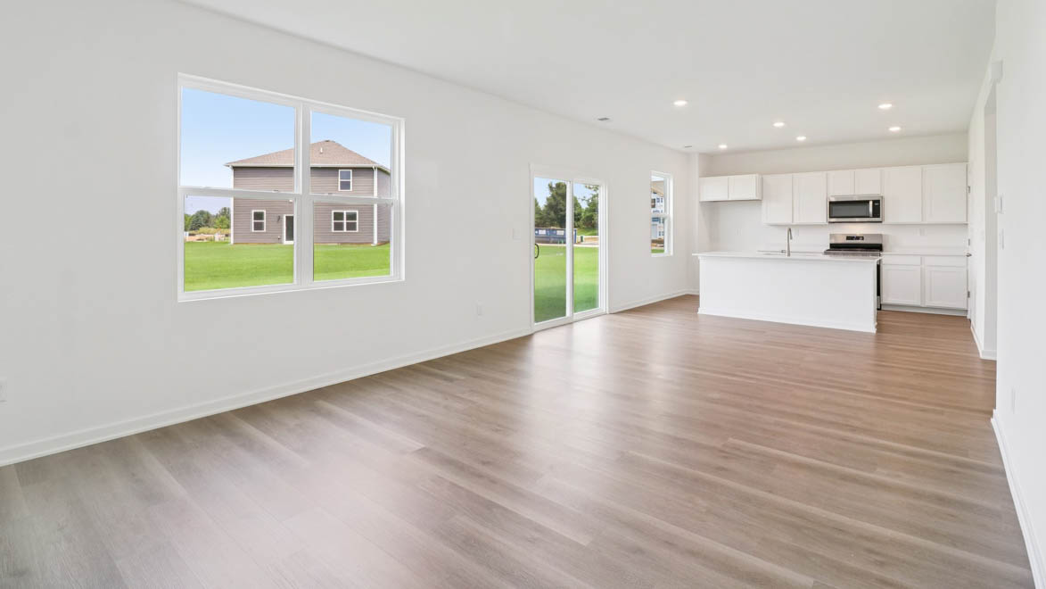 great room, dining room and kitchen main living combo