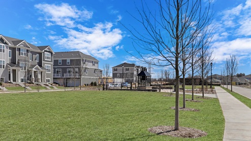 Townes at Oak Creek Community with green space and tri level townhomes