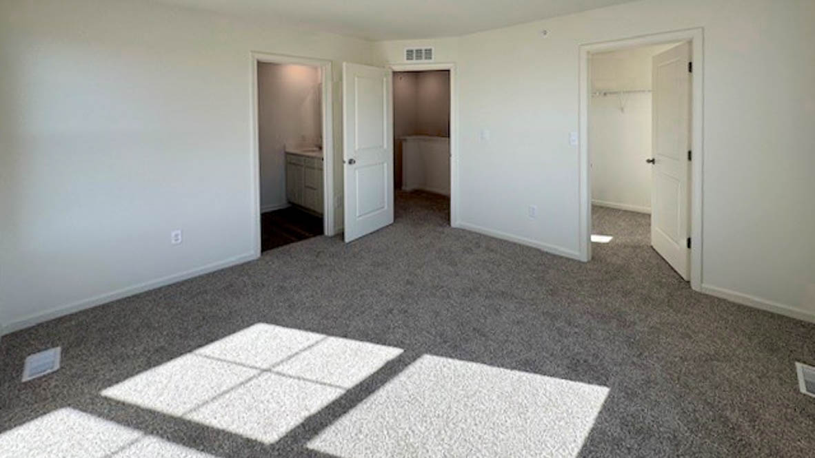 Primary bedroom features ample space, double windows, soft carpet, a stylish walk-in closet, and a private ensuite bath