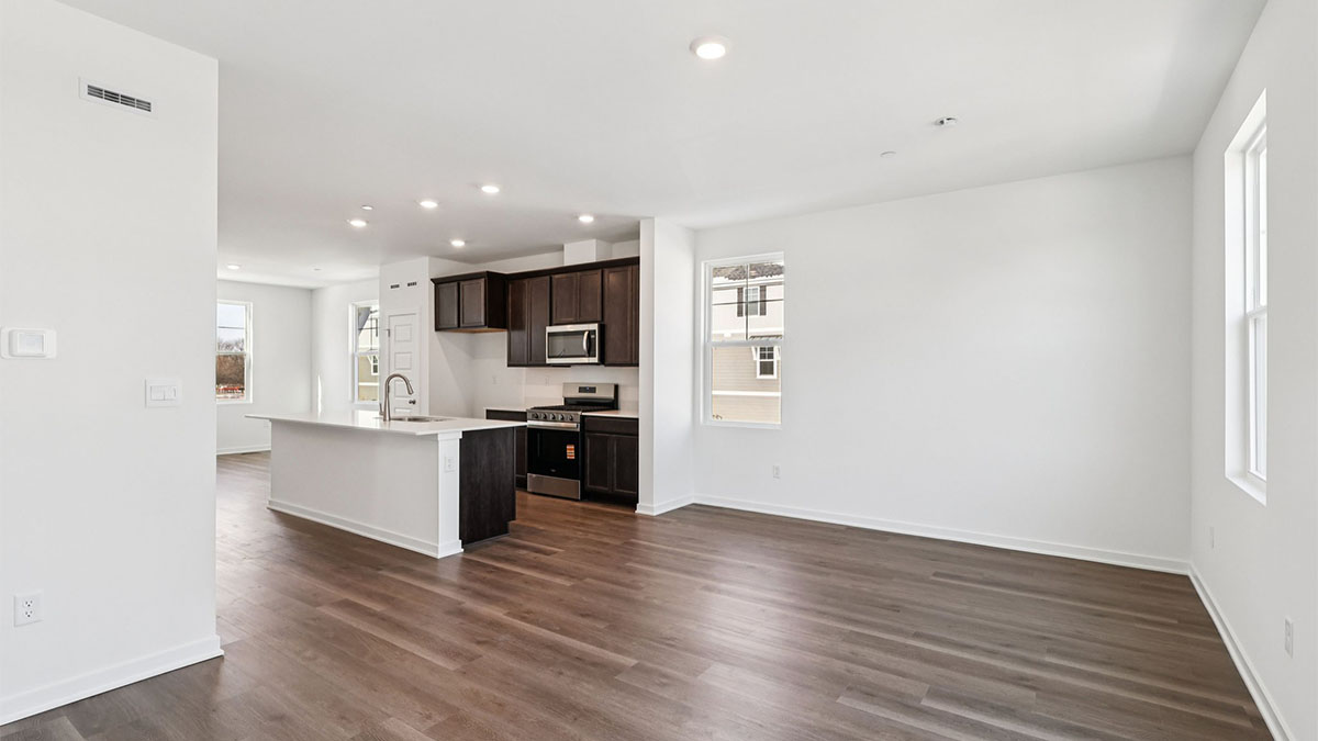 spacious kitchen and living area