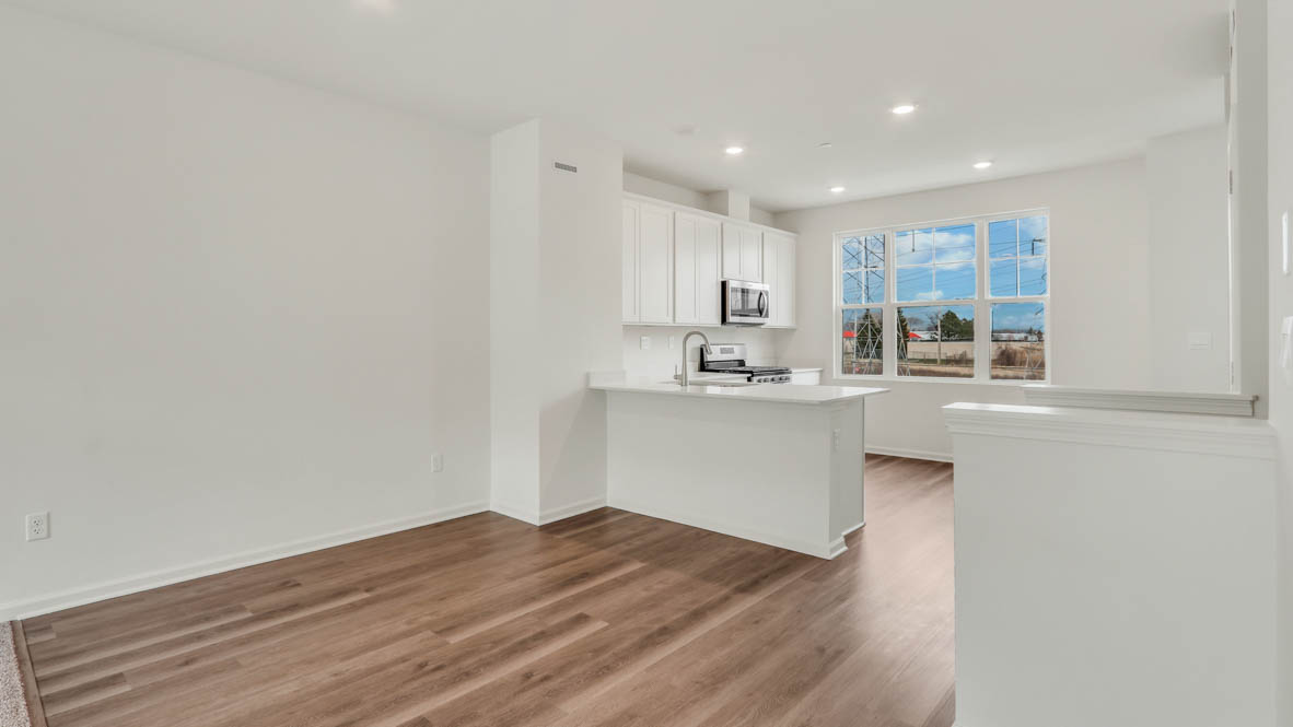 Living room looking to kitchen, dining, outdoor areas in this new home features natural light, with fresh open concept flow