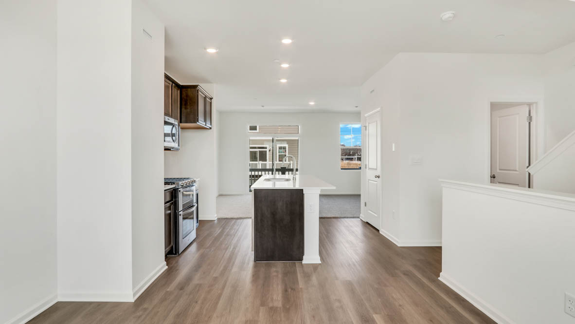 Dining room, kitchen, and great room flow