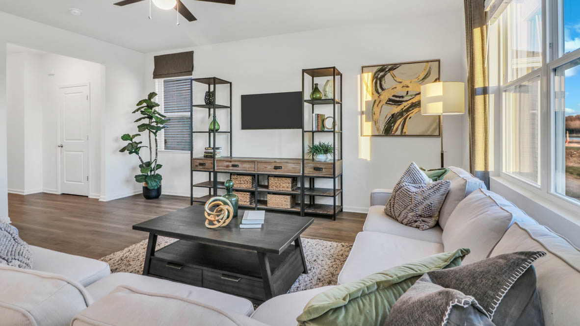 open concept living room with luxury vinyl planking
