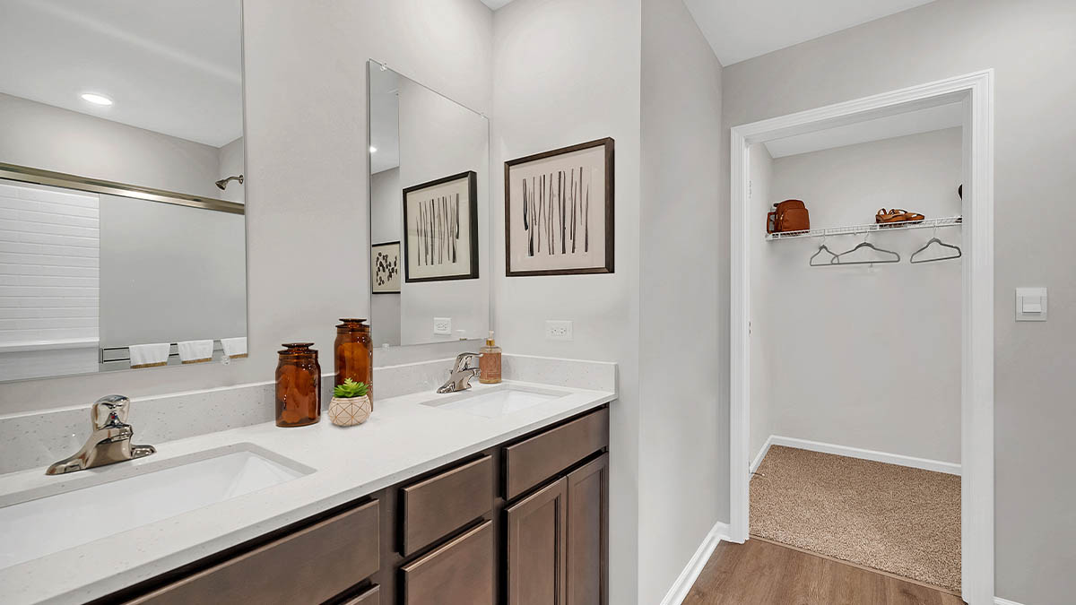 primary en suite with quartz countertops and walk-in closet