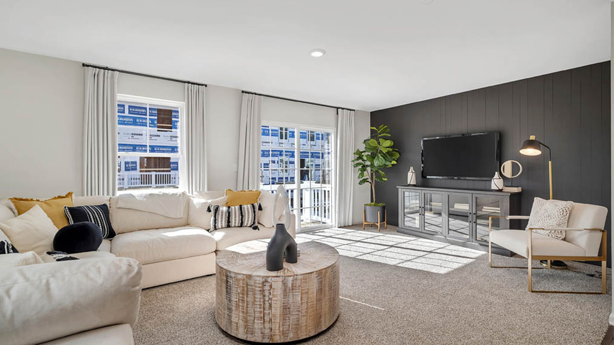 Spacious Living room with window and dark wall