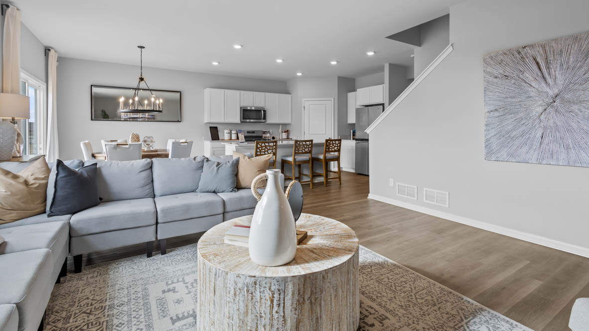 Open concept great room kitchen and dining area