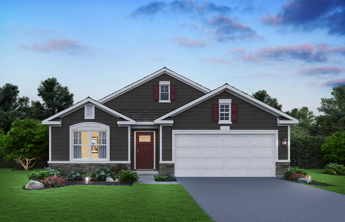 Exterior dark grey home with stone detailing