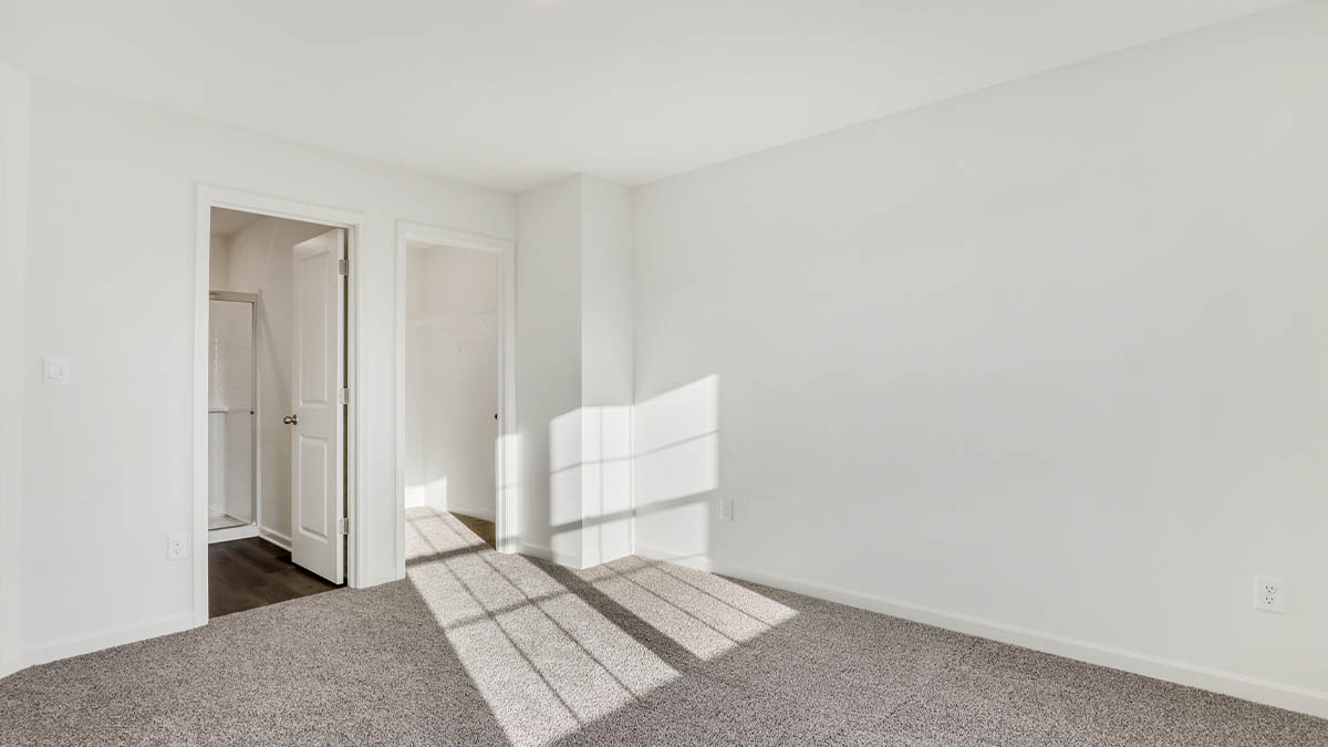 bedroom with beige carpet, white walls and a window