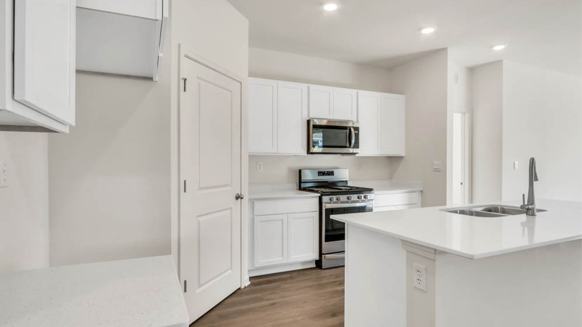 kitchen interior with stainless steel appliances and white cabinets
