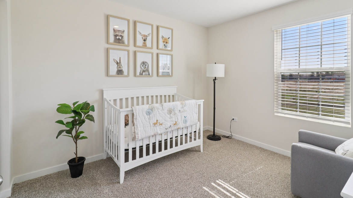 bedroom with beige carpet, white walls and a window