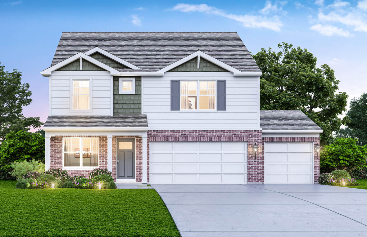 Two-story exterior with light siding and covered porch and garage