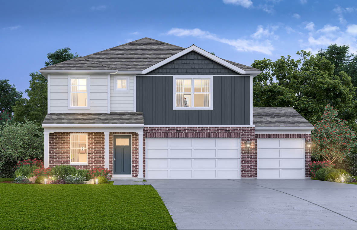 Two-story exterior with light siding and covered porch and garage