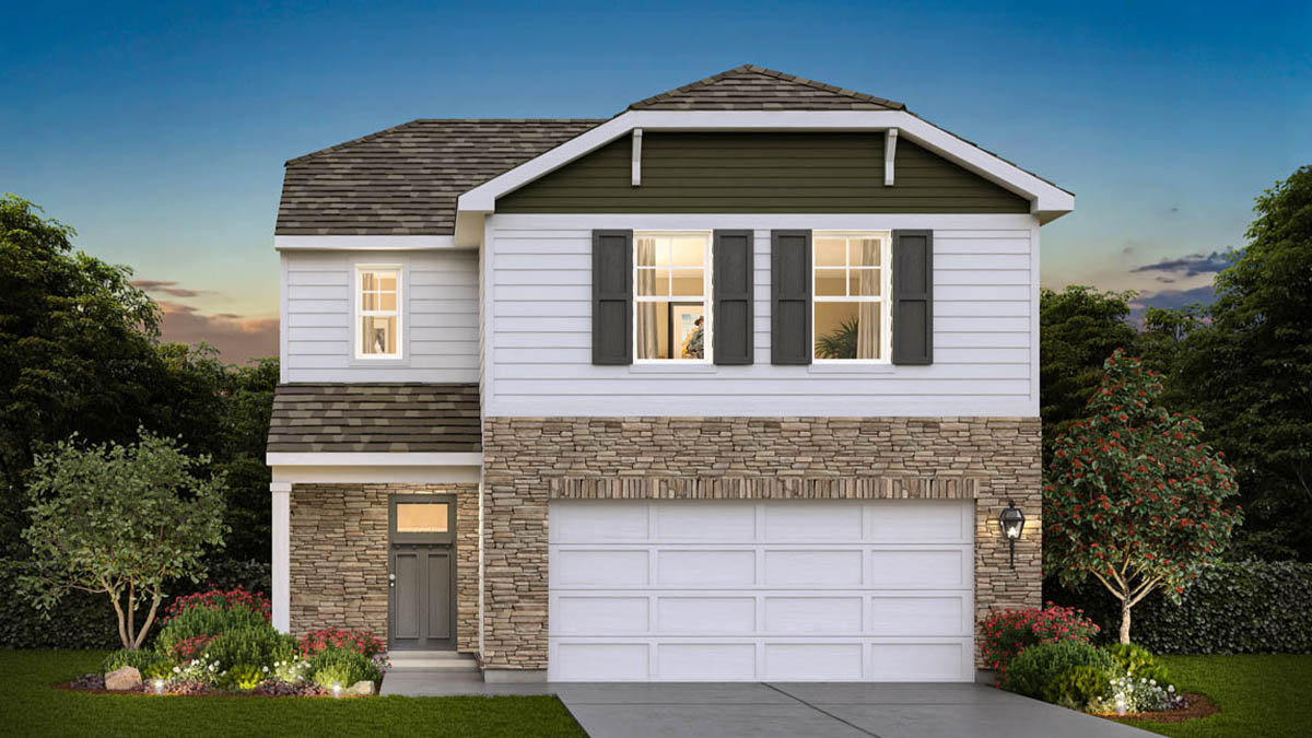 Haven floor plan-elevation B5- with white siding and stone up to the garage