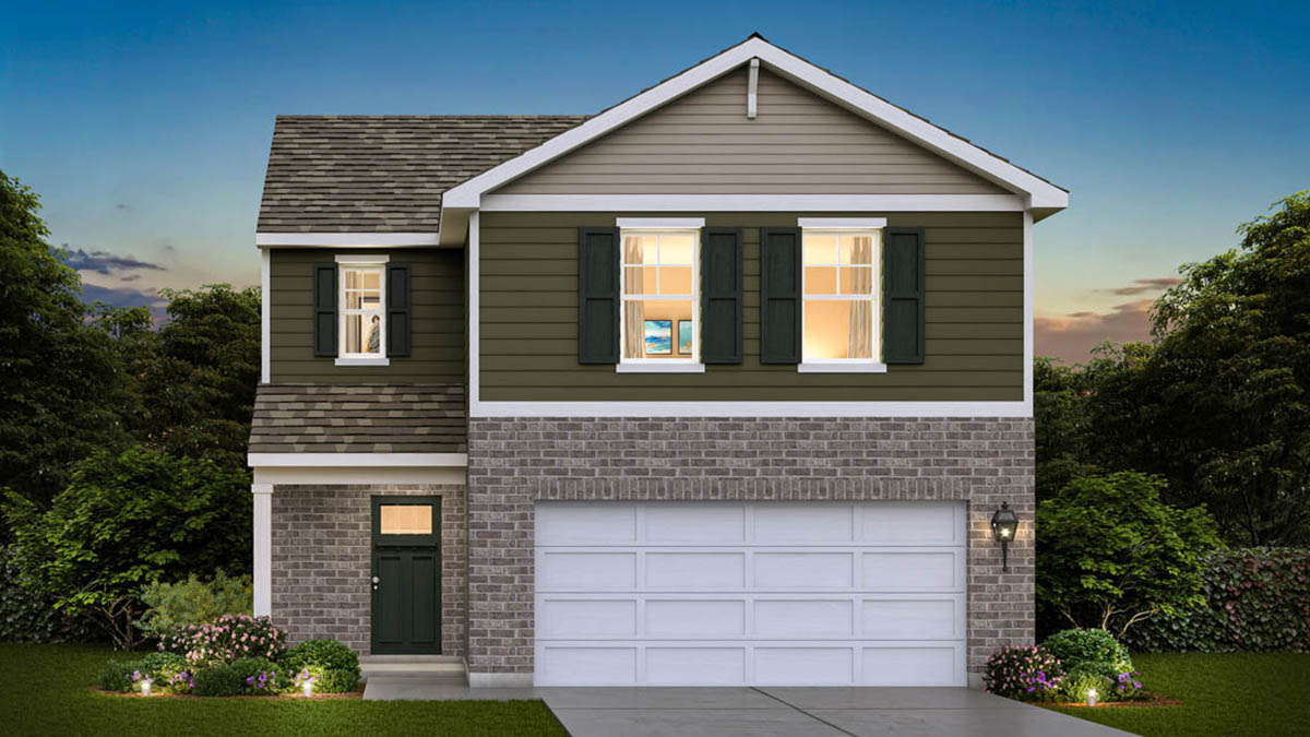 Haven floor plan- elevation A4 olive siding with brick up to the garage