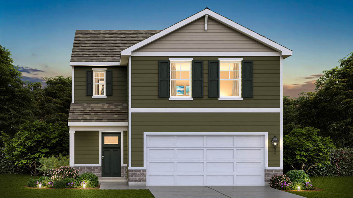 Haven floor plan- elevation A2- elevation with olive siding with brick wainscot