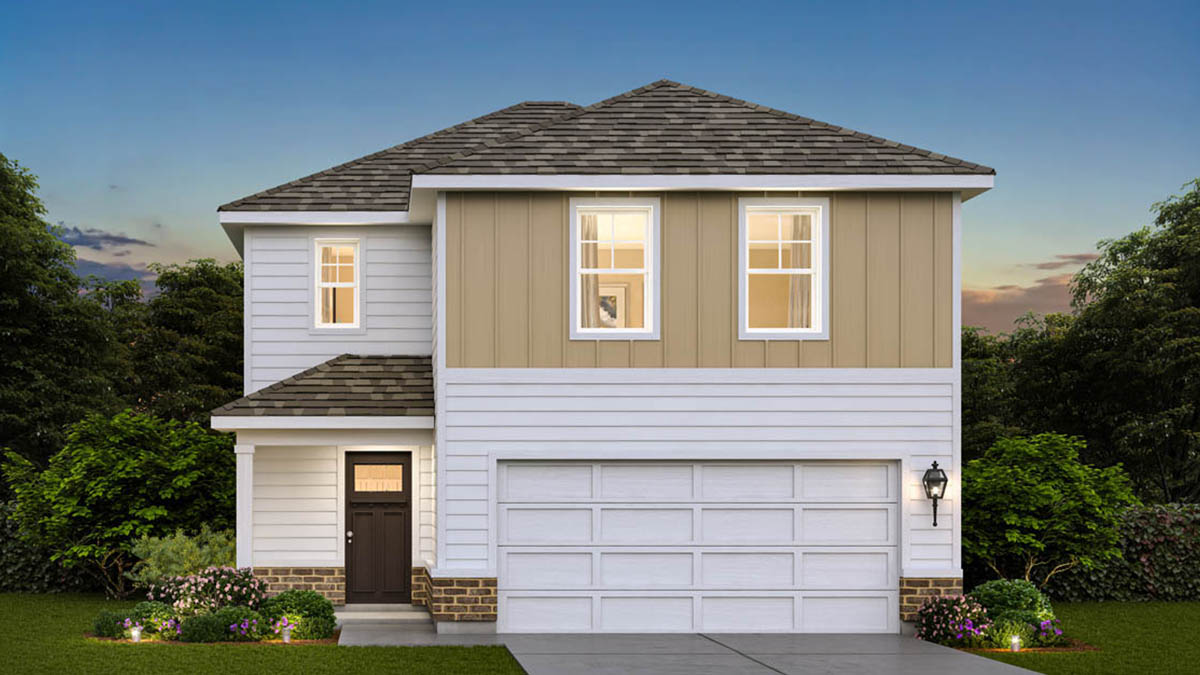 Haven floor plan- elevation D2 with white siding, tan board and batton, and brick wainscot