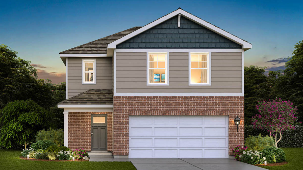 Haven floor plan- elevation C4 with tan siding and brick up to the garage