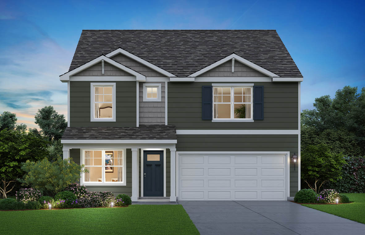 front exterior of a two story home with a two car garage