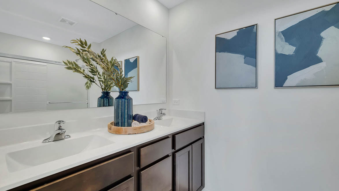 primary bathroom with dual sinks