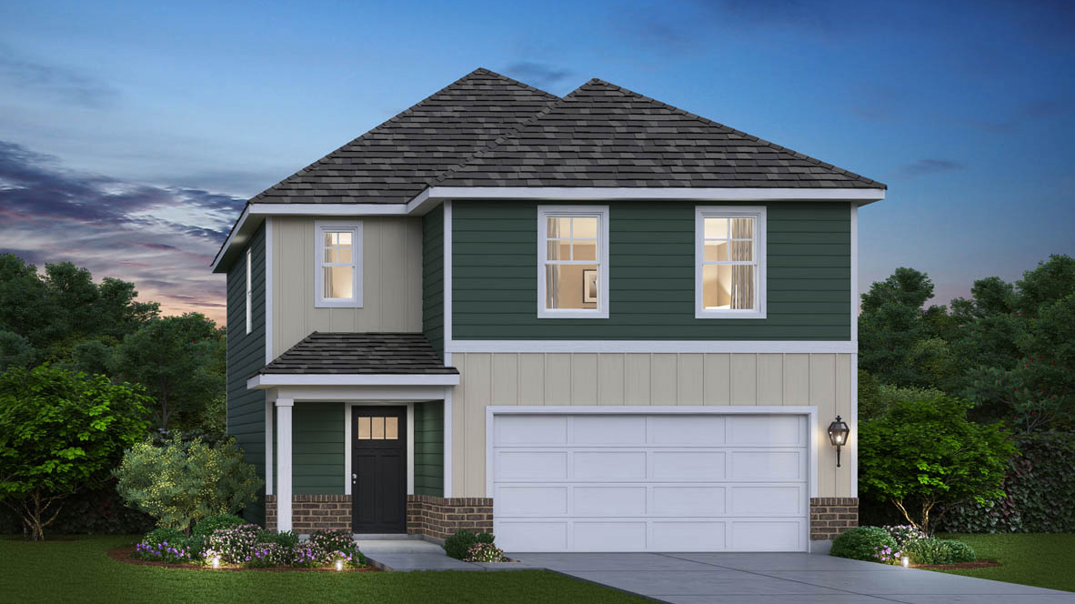 C2 exterior rendering of the bradley with two vinyl color siding and brick accents
