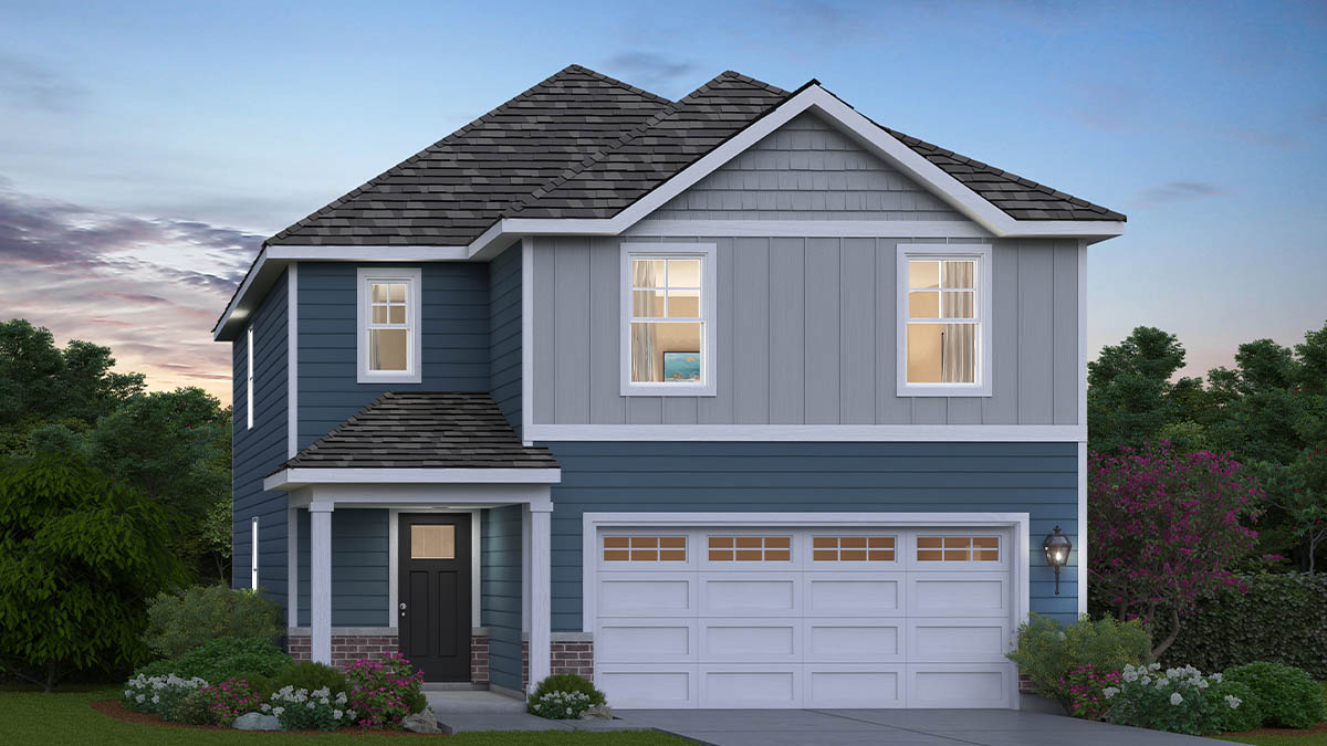 D2 exterior rendering with different roof line and two color vinyl siding with brick accents