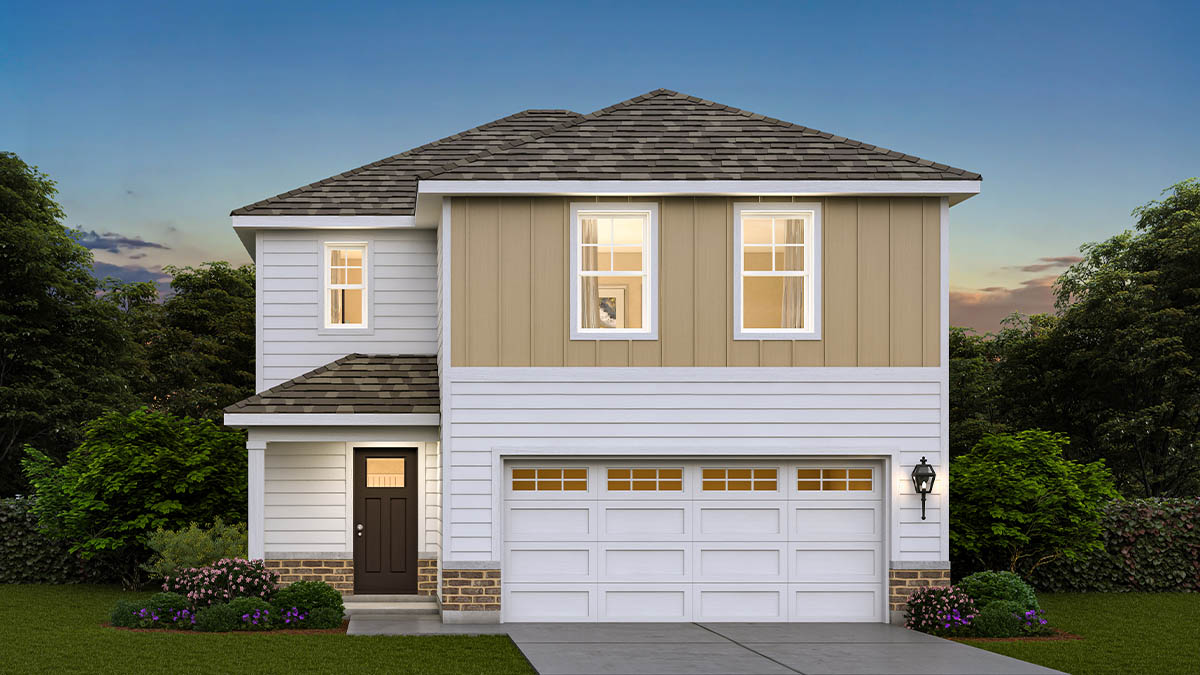 D2 rendering of haven model with two colored vinyl siding and brick accents