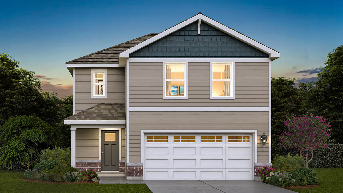 C2 rendering of haven model with accent viny color on roof, vinyl siding and brick accents