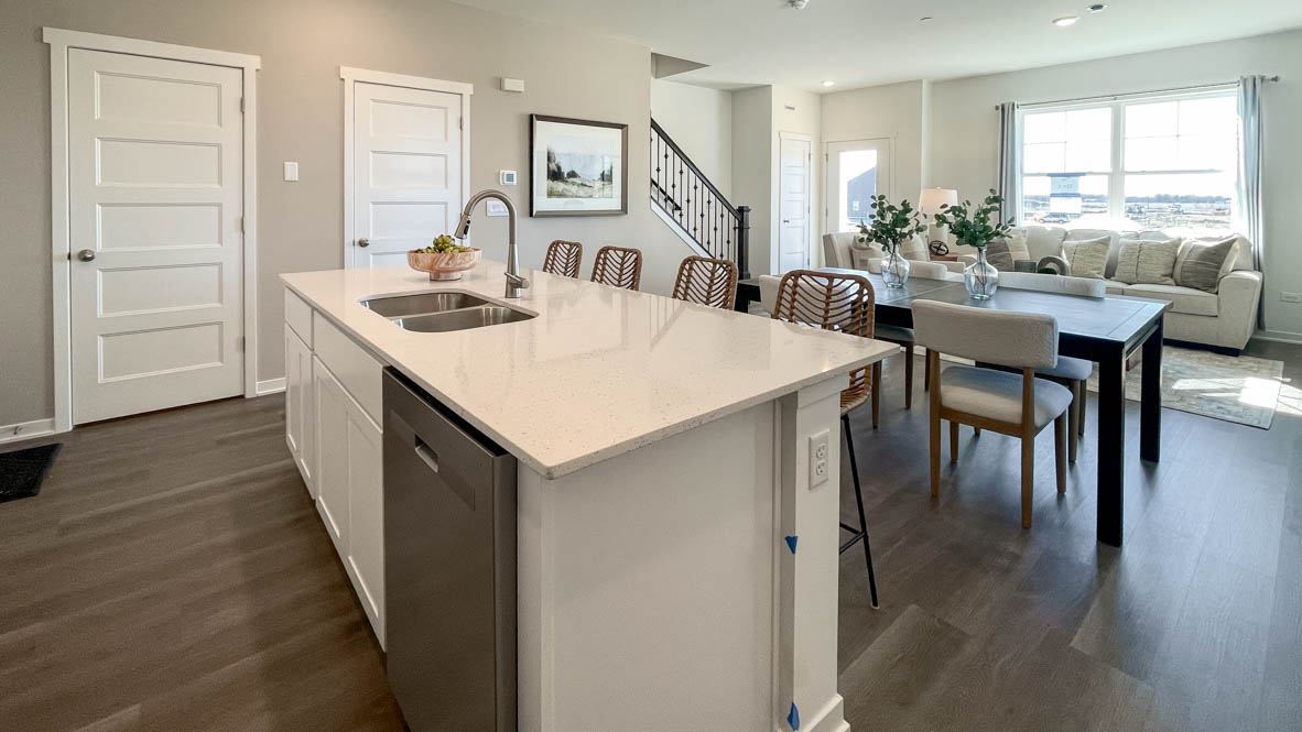 Kitchen overlooking dining rom and great room