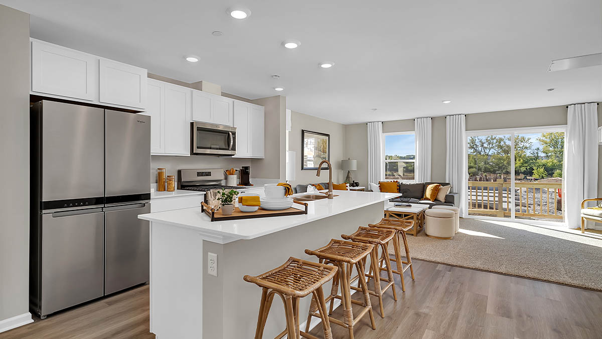 Kitchen overlooking the open concept living room