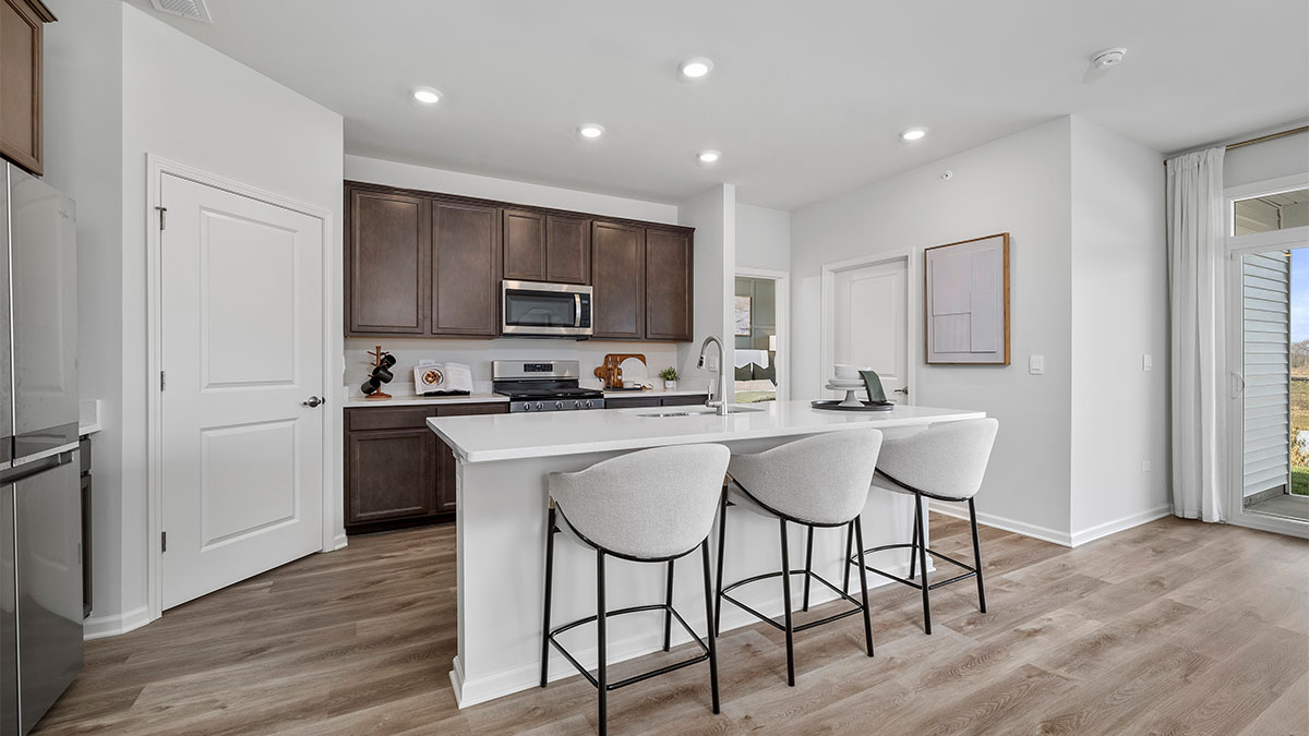 Kitchen with dark cabinets and white quartz countertops