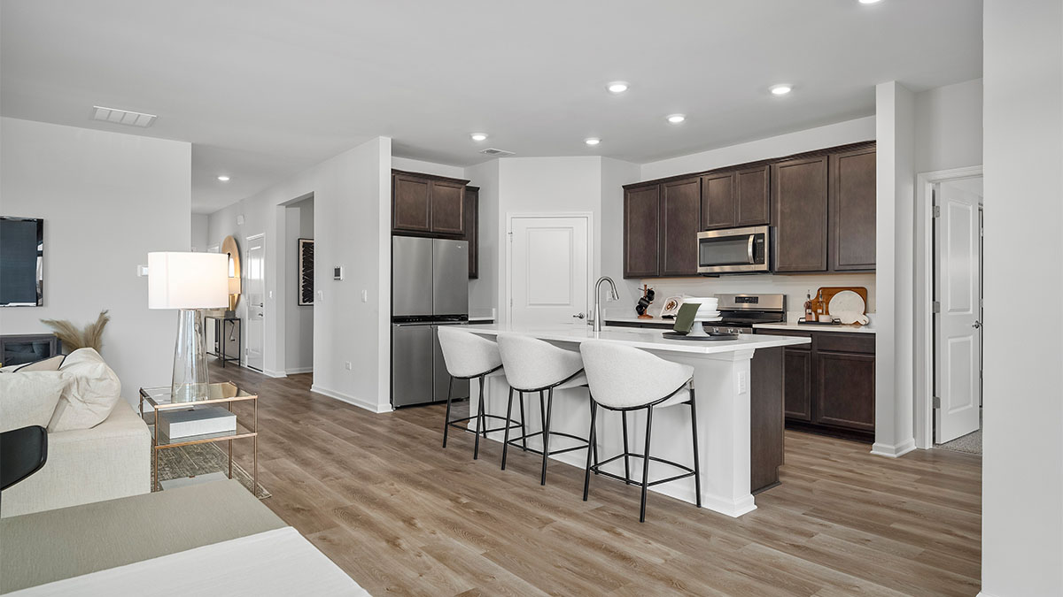 Kitchen, great room and dining room