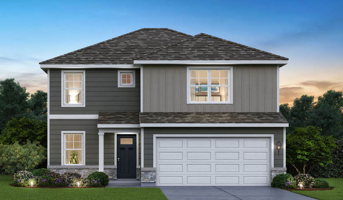 Exterior rendering of Sienna with straight roof and stone and vinyl siding