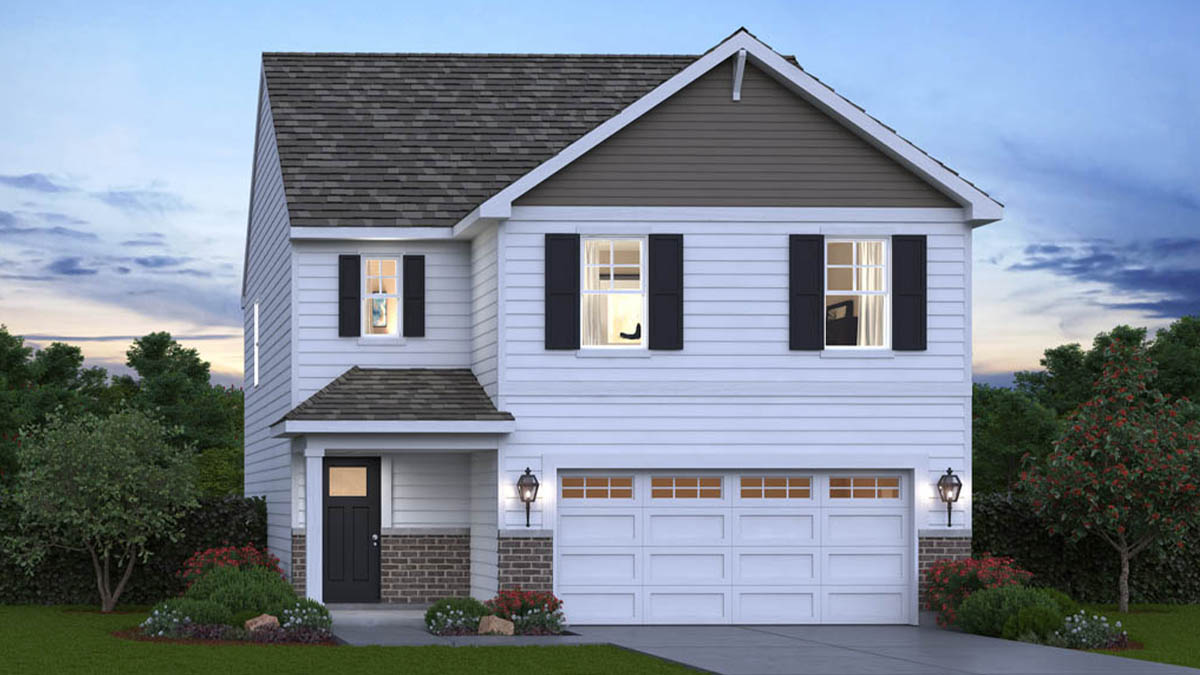 2-story Meridian single family rendering with white siding and brick accents