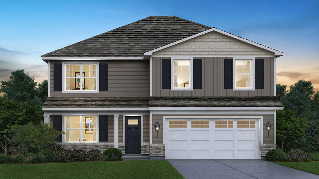 Henley D2 Rendering with a front porch and Brick and vinyl siding