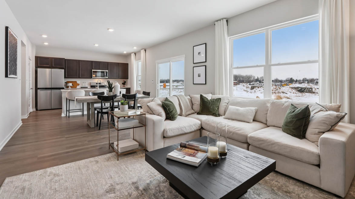 Open concept great room, dining room and kitchen