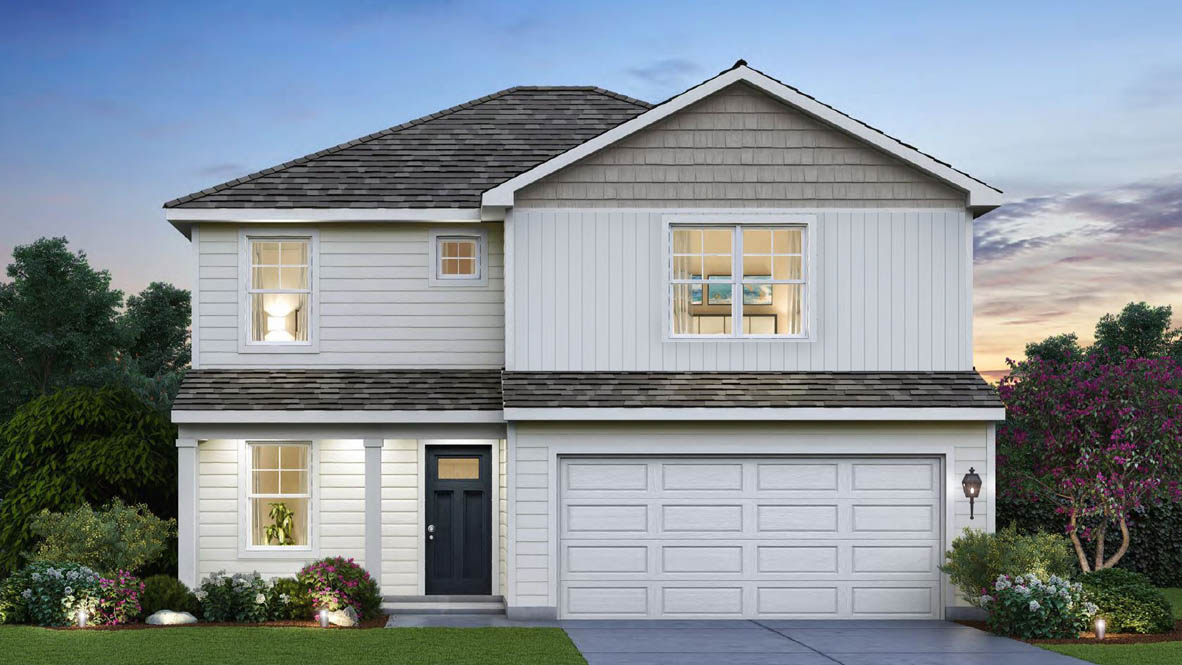 D1 exterior rendering of Sienna with a front porch and vinyl siding