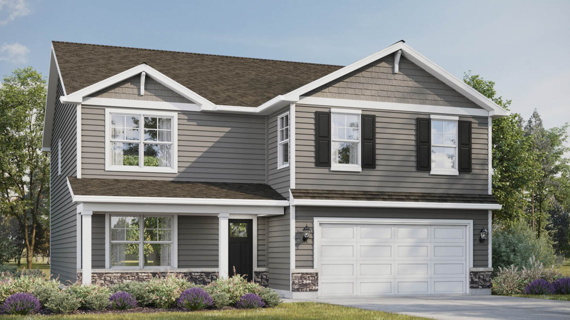 Exterior rendering of henley model with vinyl siding, stone accents and a front porch