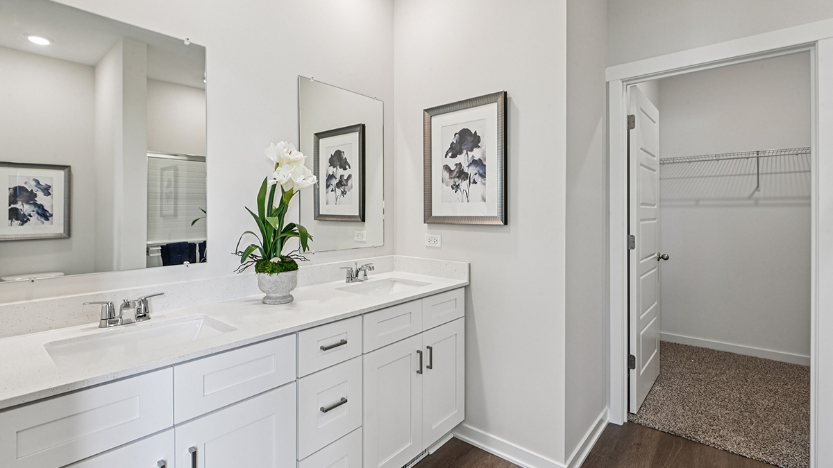 primary bathroom with dual bowl vanity and spacious attached closet