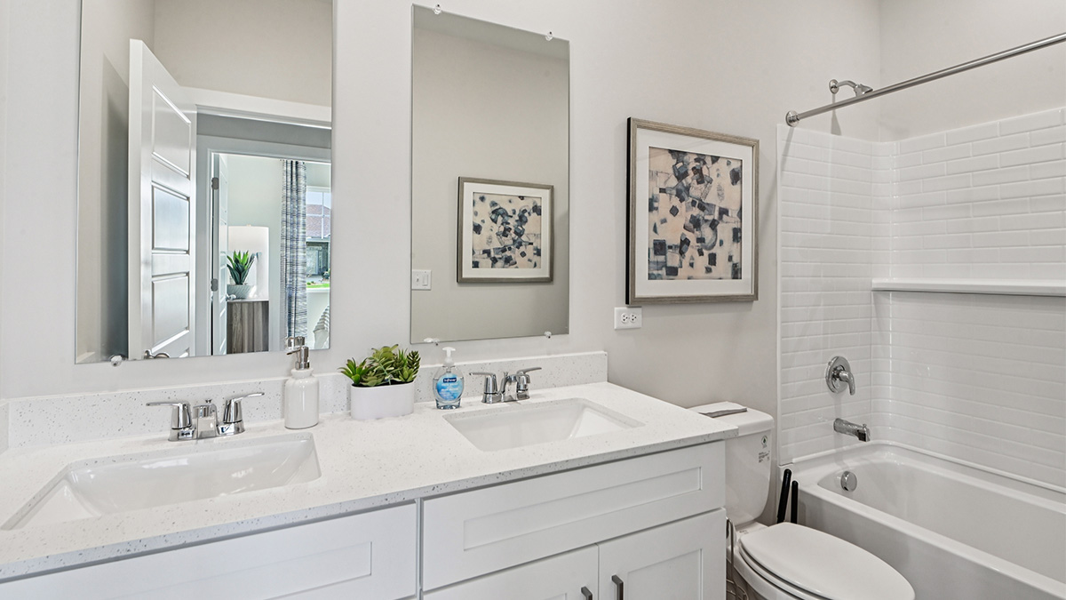 secondary bathroom with dual bowl vanity