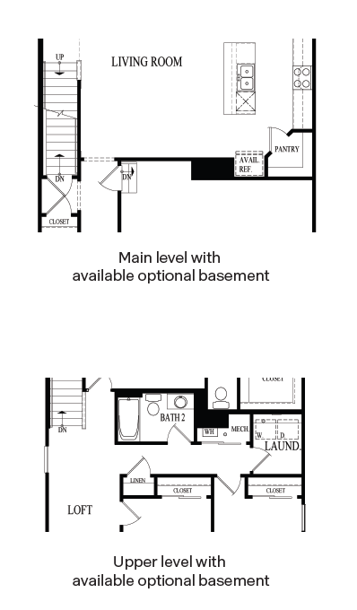 Bradley Main and Upper Level Floorplan with optional basement