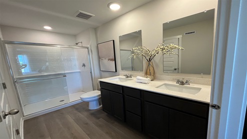 primary bathroom with dual bowl vanity