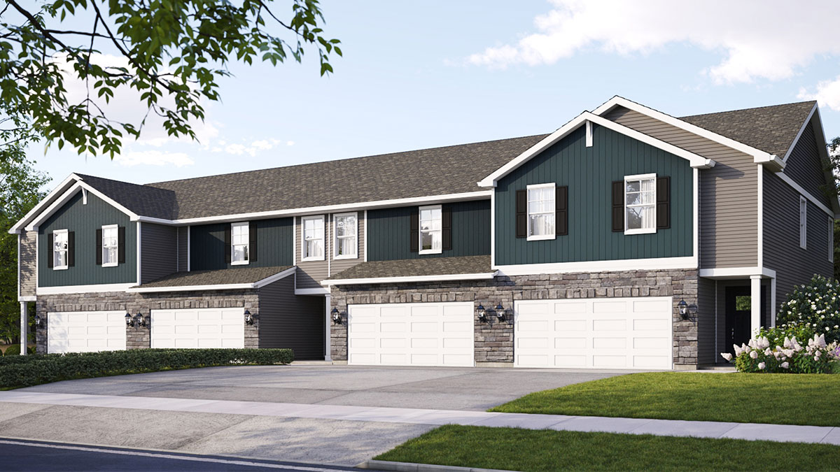 4 unit two story townhome rendering with stone accents to garage