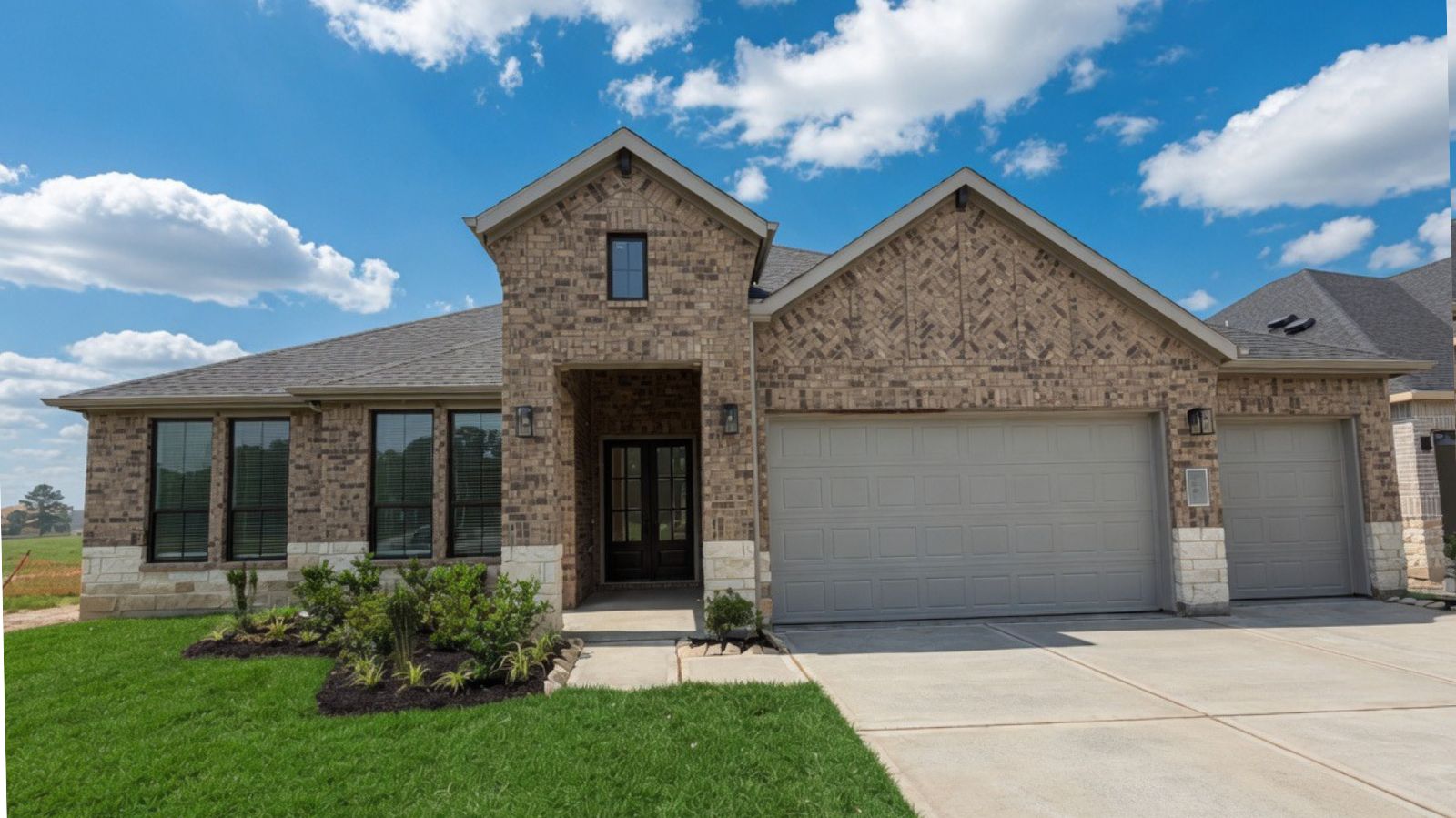 amalfi floor plan single story home rendering with a three car garage at sunset friendswood tx