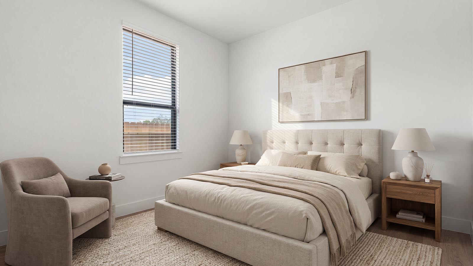 Stagged secondary bedroom with large window