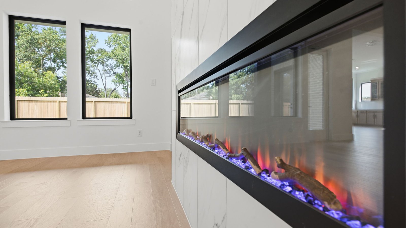 Electric fireplace creates a cozy space in the family room